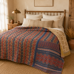 Beige & Sand Vintage Kantha Quilt – Handmade Reversible Twin Cotton Bedspread & Boho Throw Blanket | EBY-TW-243