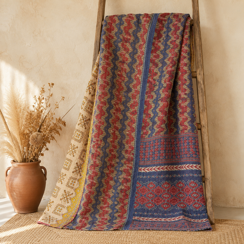 Beige & Sand Vintage Kantha Quilt – Handmade Reversible Twin Cotton Bedspread & Boho Throw Blanket | EBY-TW-243