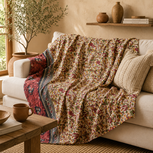Ruby Red Floral handmade vintage Kantha quilt EBY-TW-244 – reversible cotton twin boho bedspread