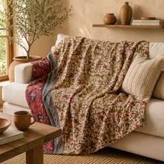 Ruby Red Floral handmade vintage Kantha quilt EBY-TW-244 – reversible cotton twin boho bedspread