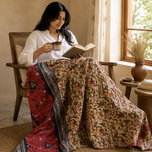 Ruby Red Floral handmade vintage Kantha quilt EBY-TW-244 – reversible cotton twin boho bedspread