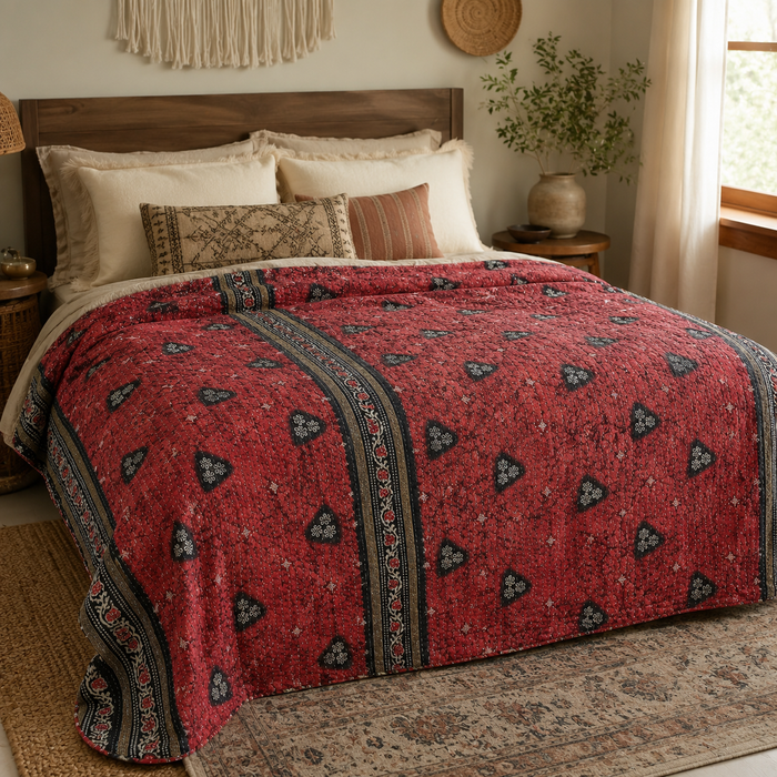 Indian Handmade Vintage Kantha Quilt Twin 55x85 Inches – Reversible Cotton Bedspread & Boho Throw Blanket | EBY-TW-244
