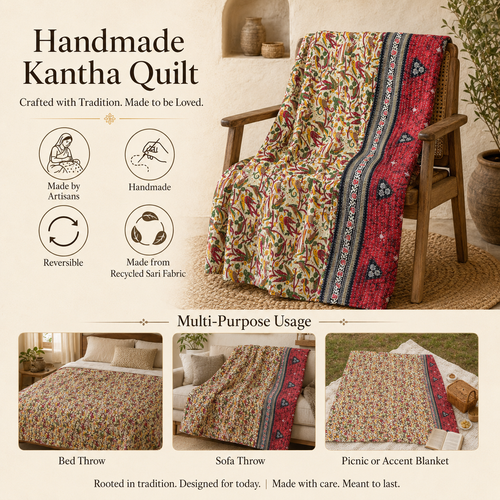 Ruby Red Floral handmade vintage Kantha quilt EBY-TW-244 – reversible cotton twin boho bedspread