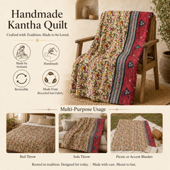 Ruby Red Floral handmade vintage Kantha quilt EBY-TW-244 – reversible cotton twin boho bedspread