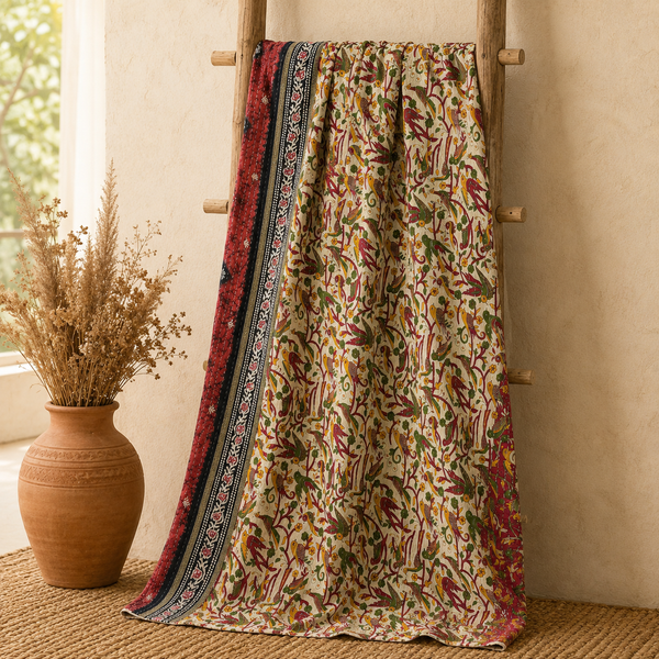 Ruby Red Floral handmade vintage Kantha quilt EBY-TW-244 – reversible cotton twin boho bedspread