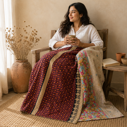 Maroon Paisley handmade vintage Kantha quilt EBY-TW-245 – reversible cotton twin boho bedspread