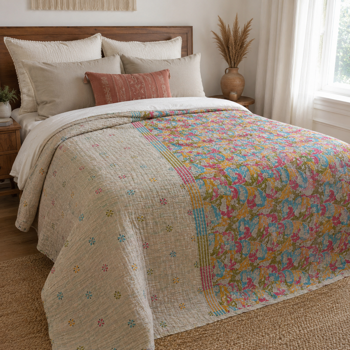 Indian Handmade Vintage Kantha Quilt Twin 55x85 Inches – Reversible Cotton Bedspread & Boho Throw Blanket | EBY-TW-245