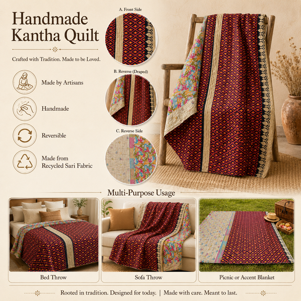Maroon Paisley Vintage Kantha Quilt – Handmade Reversible Twin Cotton Bedspread & Boho Throw Blanket | EBY-TW-245