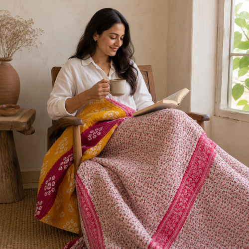 Golden Yellow Striped handmade vintage Kantha quilt EBY-TW-246 – reversible cotton twin boho bedspread