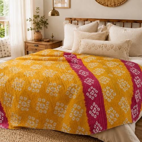 Golden Yellow Striped handmade vintage Kantha quilt EBY-TW-246 – reversible cotton twin boho bedspread