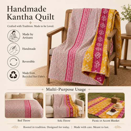 Golden Yellow Striped handmade vintage Kantha quilt EBY-TW-246 – reversible cotton twin boho bedspread