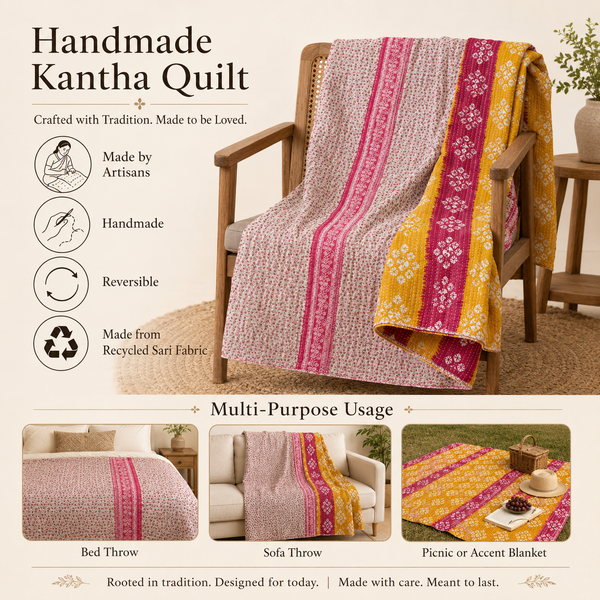 Golden Yellow Striped Vintage Kantha Quilt – Handmade Reversible Twin Cotton Bedspread & Boho Throw Blanket | EBY-TW-246