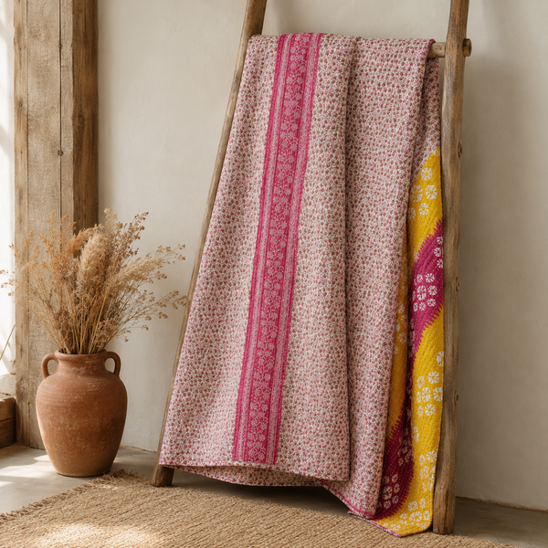 Golden Yellow Striped Vintage Kantha Quilt – Handmade Reversible Twin Cotton Bedspread & Boho Throw Blanket | EBY-TW-246