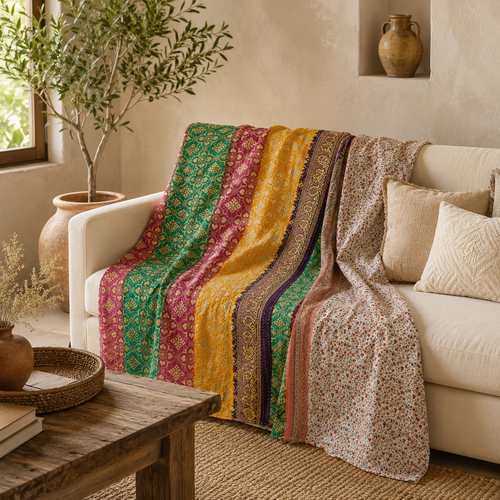 Rainbow Striped handmade vintage Kantha quilt EBY-TW-247 – reversible cotton twin boho bedspread