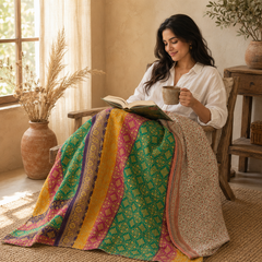 Rainbow Striped handmade vintage Kantha quilt EBY-TW-247 – reversible cotton twin boho bedspread