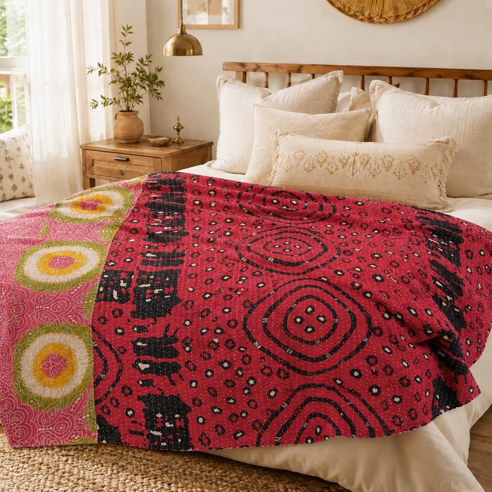 Indian Handmade Vintage Kantha Quilt Twin 55x85 Inches – Reversible Cotton Bedspread & Boho Throw Blanket | EBY-TW-248