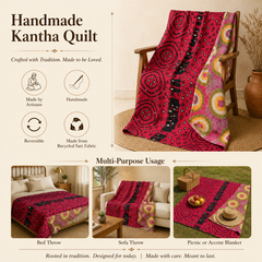 Pink Retro Circles handmade vintage Kantha quilt EBY-TW-248 – reversible cotton twin boho bedspread