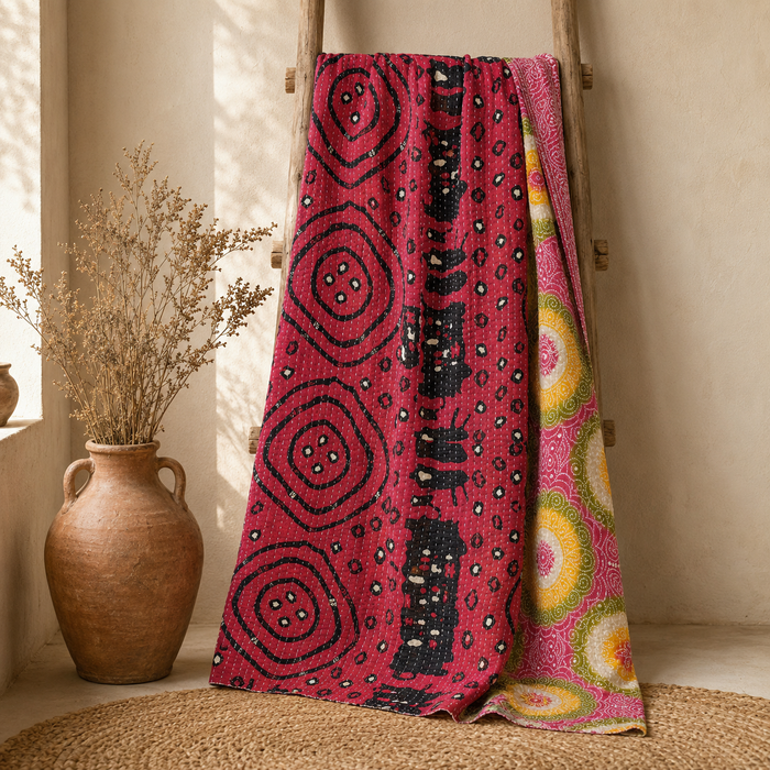 Pink Retro Circles Vintage Kantha Quilt – Handmade Reversible Twin Cotton Bedspread & Boho Throw Blanket | EBY-TW-248