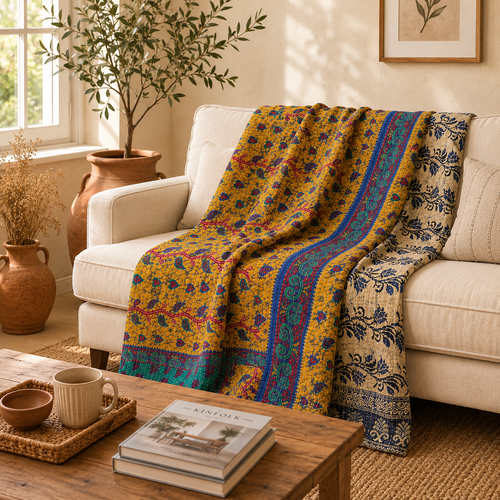 Charcoal Grey Block Print handmade vintage Kantha quilt EBY-TW-249 – reversible cotton twin boho bedspread