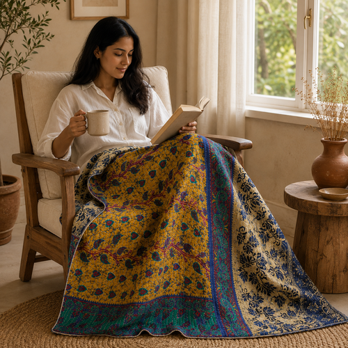 Charcoal Grey Block Print handmade vintage Kantha quilt EBY-TW-249 – reversible cotton twin boho bedspread