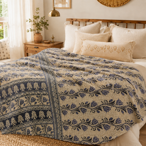 Charcoal Grey Block Print handmade vintage Kantha quilt EBY-TW-249 – reversible cotton twin boho bedspread