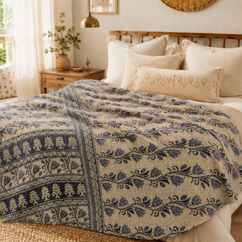 Handmade vintage Kantha quilt EBY-TW-249 – reversible cotton boho bedspread