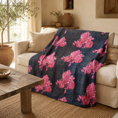 Navy & Pink Floral handmade vintage Kantha quilt EBY-TW-250 – reversible cotton twin boho bedspread