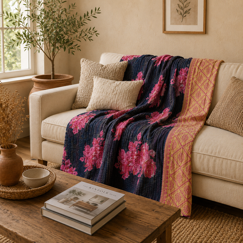 Navy & Pink Floral handmade vintage Kantha quilt EBY-TW-250 – reversible cotton twin boho bedspread