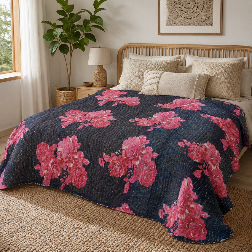 Handmade vintage Kantha quilt EBY-TW-250 – reversible cotton boho bedspread