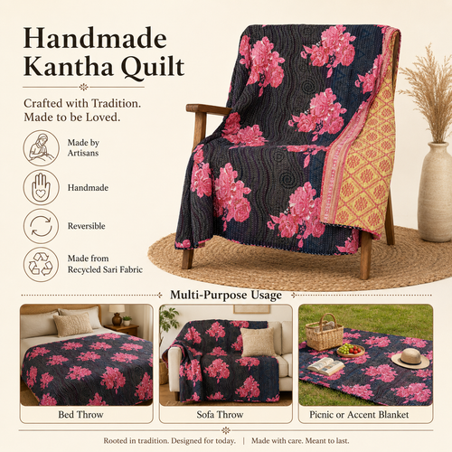 Navy & Pink Floral handmade vintage Kantha quilt EBY-TW-250 – reversible cotton twin boho bedspread