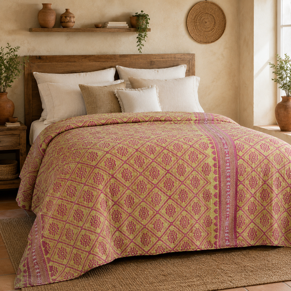 Navy & Pink Floral handmade vintage Kantha quilt EBY-TW-250 – reversible cotton twin boho bedspread