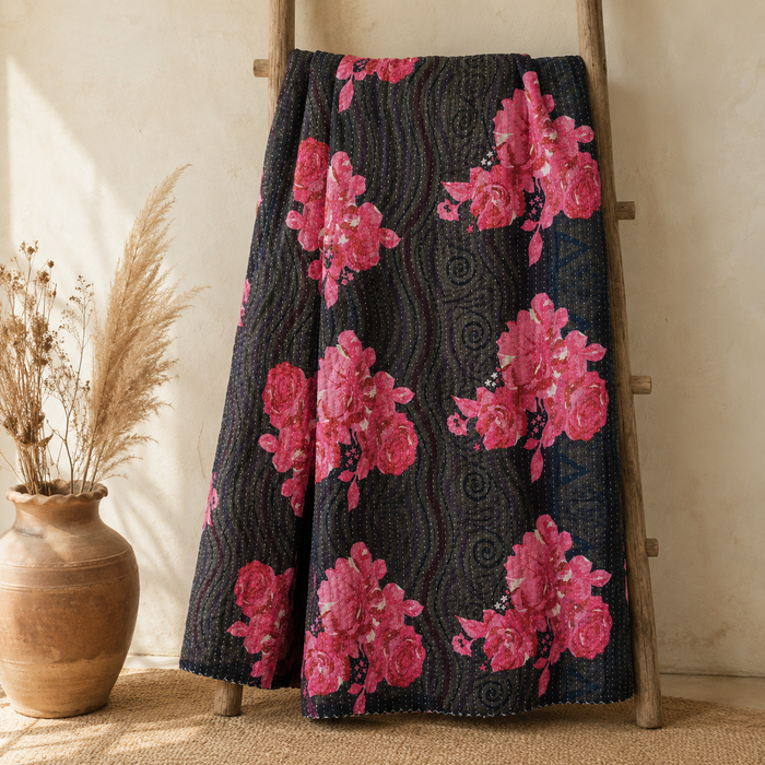 Navy & Pink Floral Vintage Kantha Quilt – Handmade Reversible Twin Cotton Bedspread & Boho Throw Blanket | EBY-TW-250