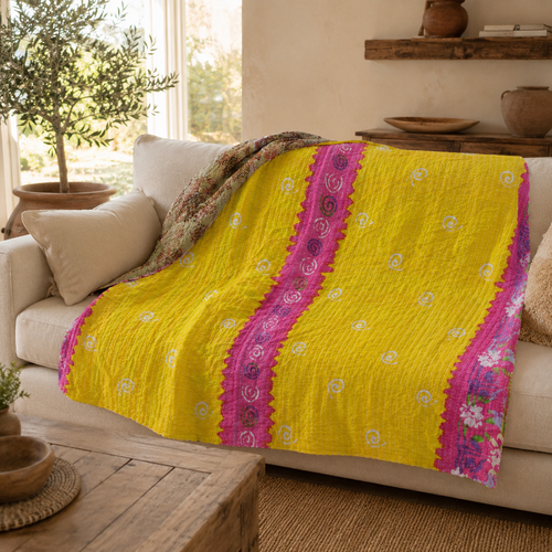 Yellow & Magenta handmade vintage Kantha quilt EBY-TW-251 – reversible cotton twin boho bedspread
