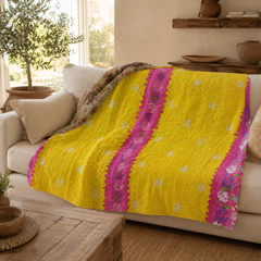 Yellow & Magenta handmade vintage Kantha quilt EBY-TW-251 – reversible cotton twin boho bedspread