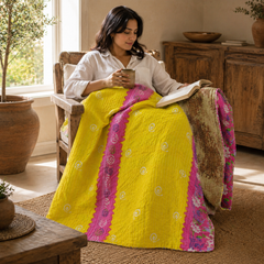 Yellow & Magenta handmade vintage Kantha quilt EBY-TW-251 – reversible cotton twin boho bedspread