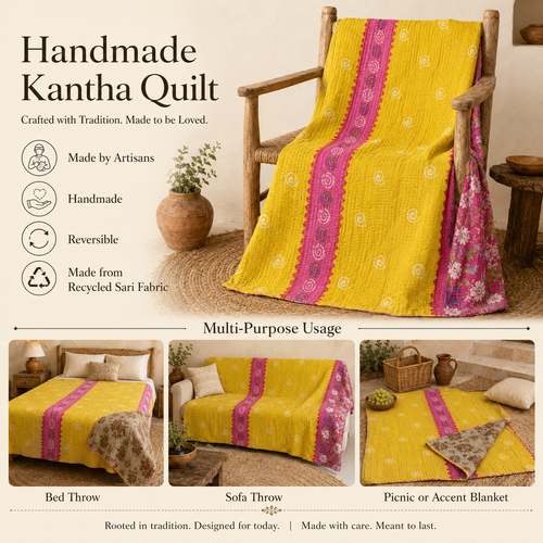 Yellow & Magenta handmade vintage Kantha quilt EBY-TW-251 – reversible cotton twin boho bedspread