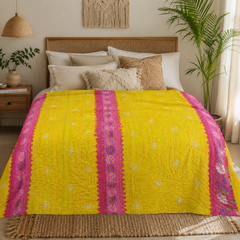 Yellow & Magenta handmade vintage Kantha quilt EBY-TW-251 – reversible cotton twin boho bedspread