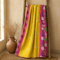 Yellow & Magenta Vintage Kantha Quilt – Handmade Reversible Twin Cotton Bedspread & Boho Throw Blanket | EBY-TW-251