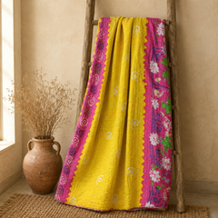 Yellow & Magenta handmade vintage Kantha quilt EBY-TW-251 – reversible cotton twin boho bedspread
