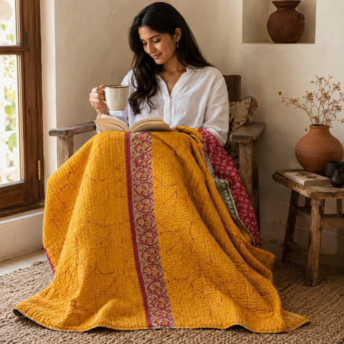 Magenta Pink handmade vintage Kantha quilt EBY-TW-252 – reversible cotton twin boho bedspread