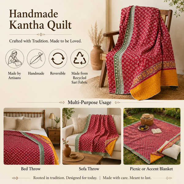 Magenta Pink Vintage Kantha Quilt – Handmade Reversible Twin Cotton Bedspread & Boho Throw Blanket | EBY-TW-252