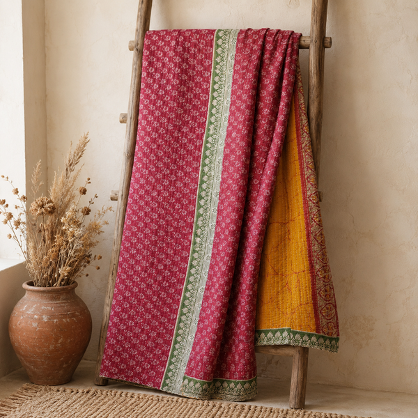 Magenta Pink Vintage Kantha Quilt – Handmade Reversible Twin Cotton Bedspread & Boho Throw Blanket | EBY-TW-252