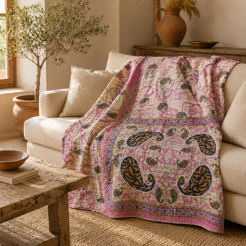 Pink Paisley handmade vintage Kantha quilt EBY-TW-253 – reversible cotton twin boho bedspread