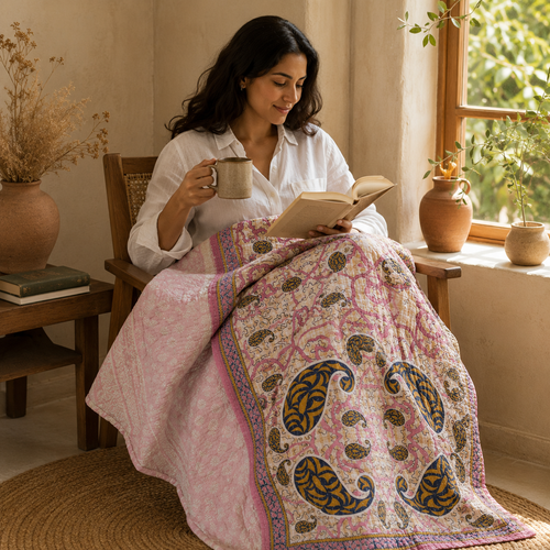 Pink Paisley handmade vintage Kantha quilt EBY-TW-253 – reversible cotton twin boho bedspread