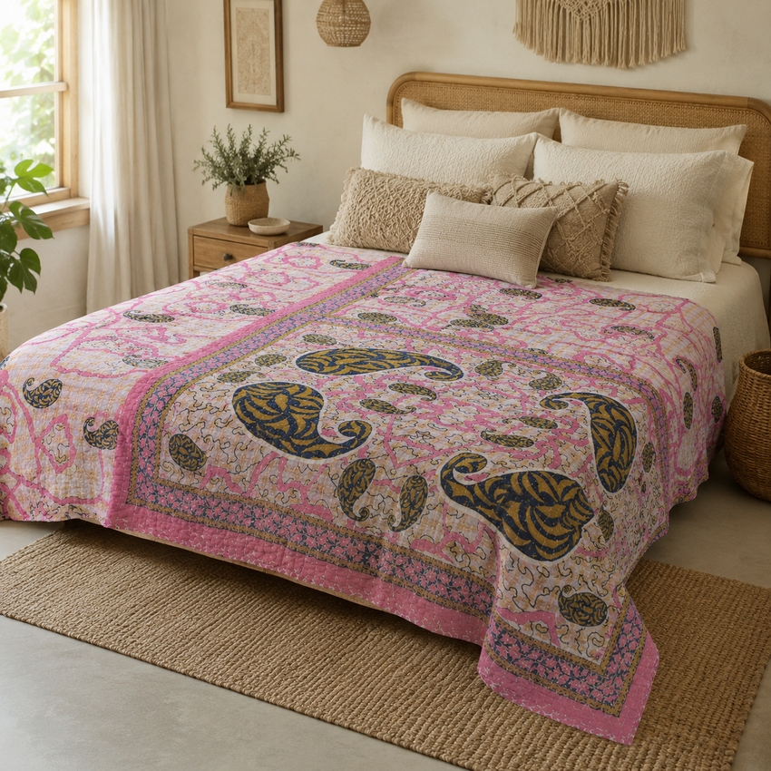 Handmade vintage Kantha quilt EBY-TW-253 – reversible cotton boho bedspread