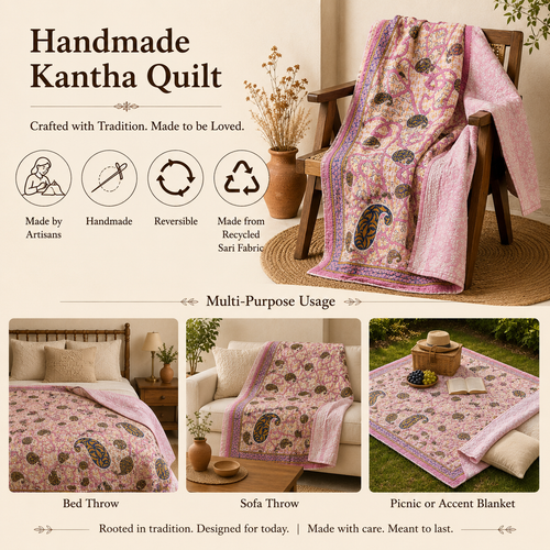 Pink Paisley handmade vintage Kantha quilt EBY-TW-253 – reversible cotton twin boho bedspread