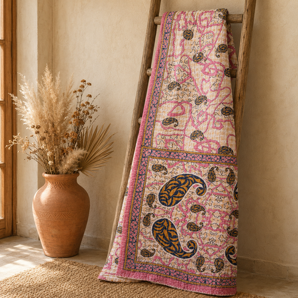 Pink Paisley handmade vintage Kantha quilt EBY-TW-253 – reversible cotton twin boho bedspread