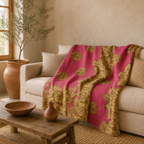 Pink & Gold handmade vintage Kantha quilt EBY-TW-254 – reversible cotton twin boho bedspread
