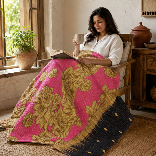 Pink & Gold handmade vintage Kantha quilt EBY-TW-254 – reversible cotton twin boho bedspread
