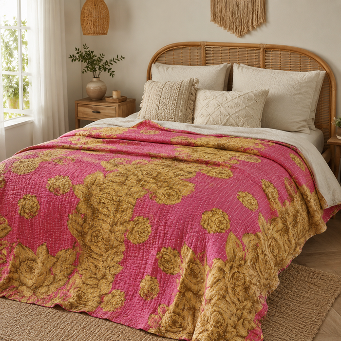 Indian Handmade Vintage Kantha Quilt Twin 55x85 Inches – Reversible Cotton Bedspread & Boho Throw Blanket | EBY-TW-254